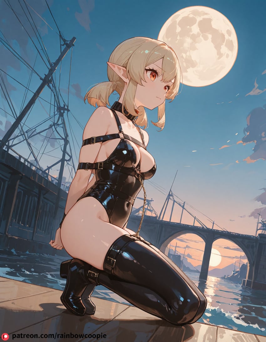 ai_generated blonde_hair bondage bondage_outfit breasts bridge collar crouching full_moon genshin_impact harness klee_(genshin_impact) medium_breasts orange_eyes pointy_ears