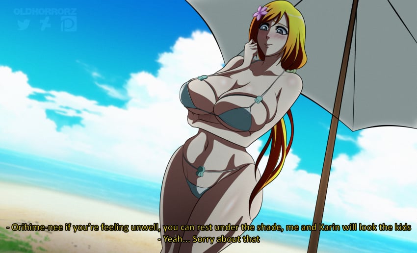 1girls beach big_ass big_breasts big_hips bikini bleach blush breasts colored curvaceous curvy curvy_body curvy_female curvy_figure curvy_hips doujin doujinshi flower_in_hair grey_eyes haikawa_hemlen hips huge_breasts inoue_orihime large_breasts long_hair mature_female milf oldhorrorz orange_hair shade small_bikini swimsuit thick_thighs thighs umbrella venus_body voluptuous white_bikini