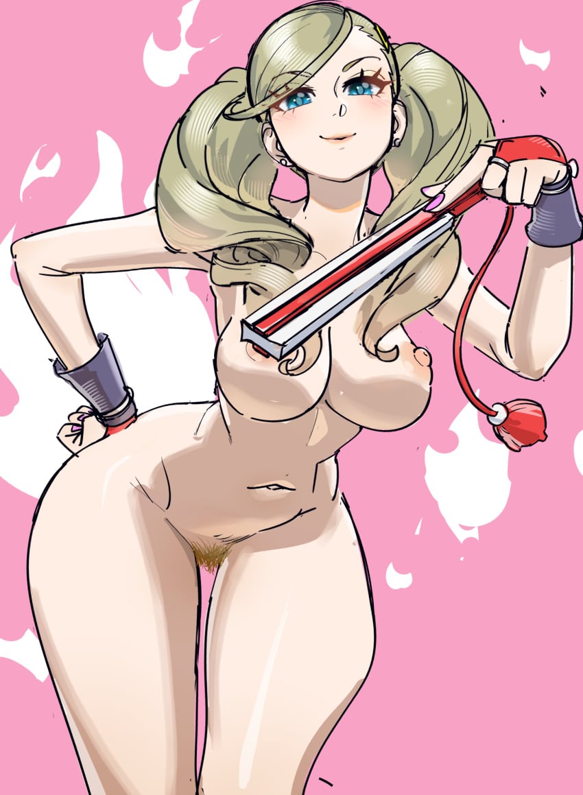 ann_takamaki areolae belly_button blonde_hair blue_eyes blush breasts earrings eyebrows_visible_through_hair fatal_fury fingerless_gloves folding_fan hand_on_hip mai_shiranui_(cosplay) nipples nude_female persona_5 poechan pubic_hair smile thick_thighs twintails wide_hips