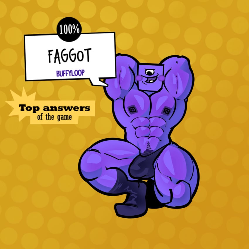 1boy 2024 arms_behind_head bara black_outline black_socks black_underwear blush bodybuilder briefs buffyloop cyclops f-slur gay jackbox_games male male_only muscular muscular_male muscular_thighs nipples non-human non-human_only one_eye orange_background pecs penis_bulge penis_outline pose pubic_hair pubic_hair_peek purple_body purple_skin quiplash_(series) signature single_tooth six_pack slur socks solo solo_male square square_head text thighs toony underwear