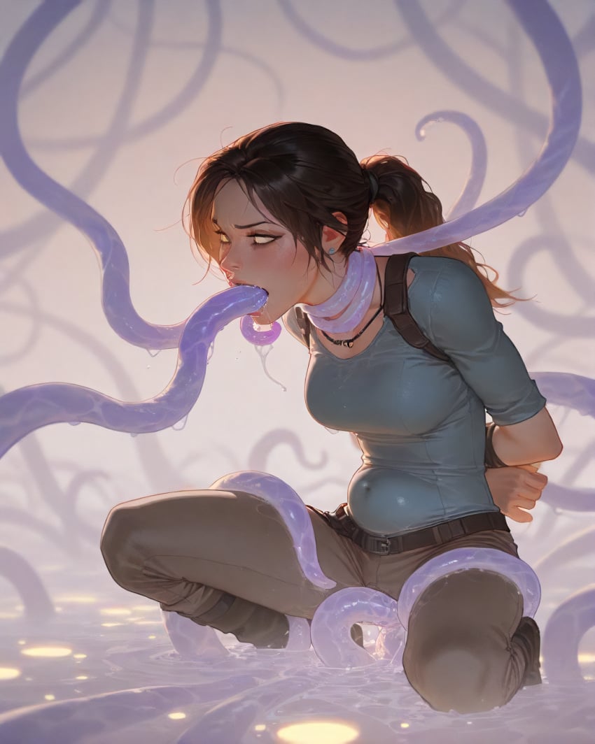 ai_assisted ai_generated belly_bulge bondage deep_penetration deepthroat eyes_rolled_back lara_croft multi_penis on_knees open_eyes tail tentacle tentacle_in_mouth tomb_raider