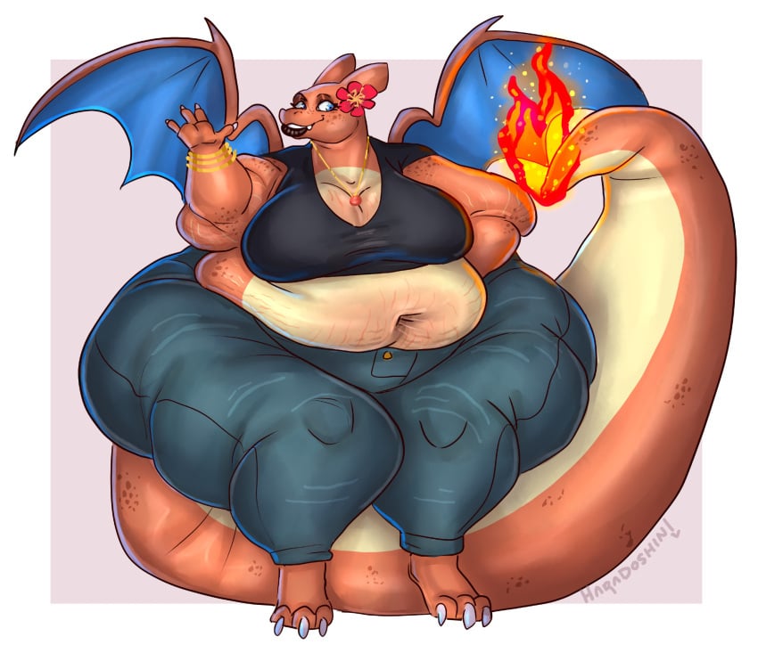 anthro bbw big_ass big_breasts breasts bubble_butt charizard cleavage female haradoshin huge_ass huge_breasts obese_female overweight pokemon pokemon_(species) thick_thighs valentina_(aimbot-jones) wide_hips