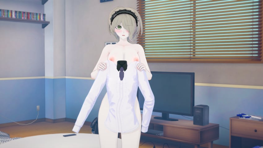 3d big_breasts blush breasts completely_nude danganronpa danganronpa_v3 green_hair hair_over_one_eye headdress holding_object holding_shirt koikatsu maid_headdress nipples open_mouth shirt short_hair standing tagme toujou_kirumi