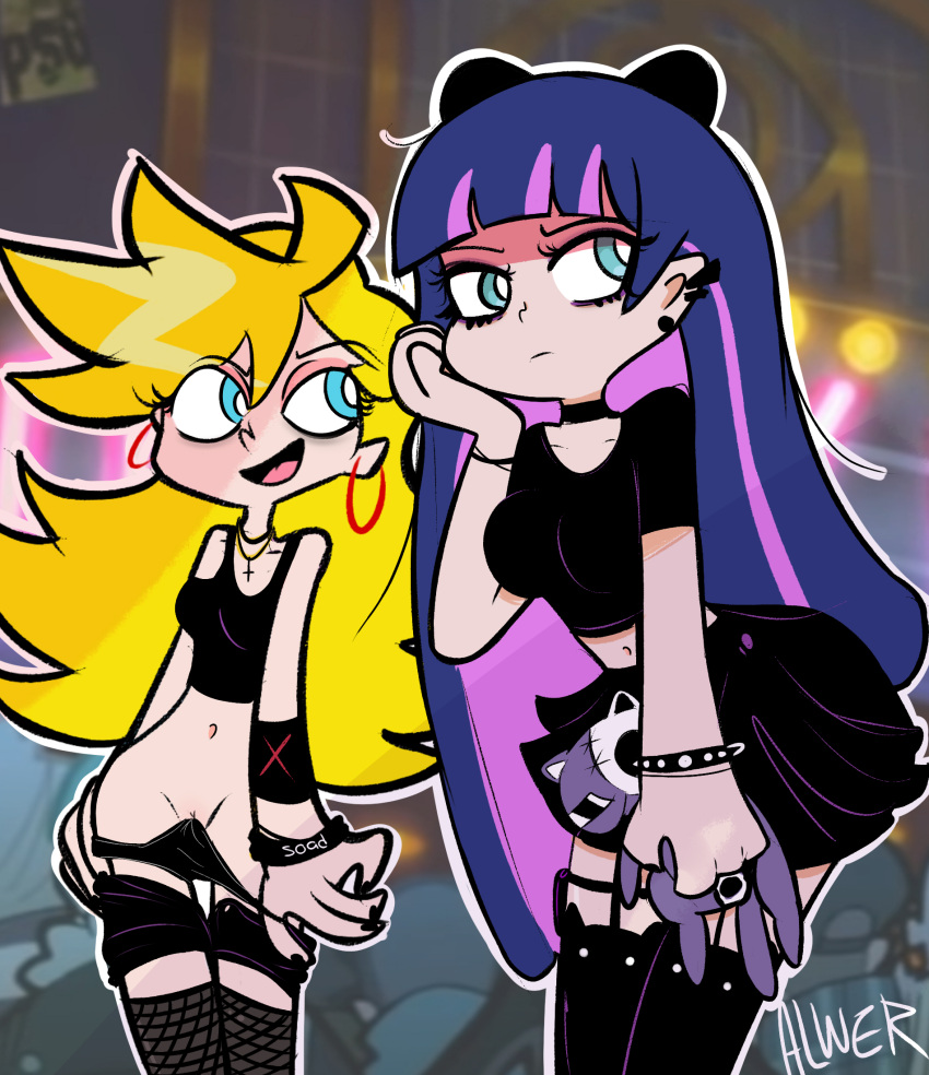 2girls alwer angel annoyed belly_button blonde_hair blue_eyes bracelets choker crop_top cross_necklace demon ear_piercing earrings fishnets goth hair_bow huge_breasts innie_pussy multicolored_hair multiple_girls navel necklace open_mouth panty_&_stocking_with_garterbelt panty_anarchy purple_hair pussy removing_clothing removing_underwear sisters skirt small_breasts smile stocking_anarchy stuffed_animal thighhighs undressing