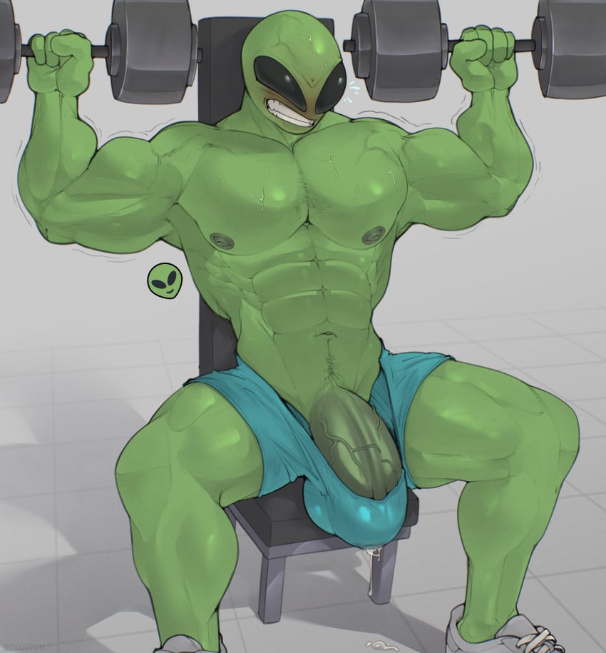 2025 abs absurd_res alien alien_humanoid areola barazoku biceps big_bulge big_eyes big_muscles big_penis black_sclera blush bodily_fluids bottomwear bulge clenched_teeth clothed clothing deuzion dripping dumbbell emoji erection erection_under_clothing exercise footwear genital_fluids genitals green_areola green_body green_nipples green_skin grey_background hi_res holding_object huge_bulge huge_cock huge_muscles humanoid humanoid_genitalia humanoid_penis ineffective_clothing living_emoji male manly motion_lines muscular muscular_humanoid muscular_male navel nipples not_furry obliques pecs penis penis_base precum precum_drip precum_through_clothing pubes serratus shadow shoes shorts simple_background sitting solo sweat teeth thick_arms thick_penis thick_thighs topless topless_humanoid topless_male vein weight_bench weightlifting weights wet wet_clothing workout