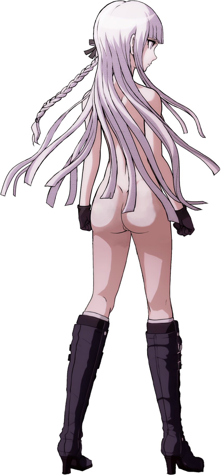 1girls ass back_turned bangs boots braid braided_hair danganronpa danganronpa:_trigger_happy_havoc danganronpa_s:_ultimate_summer_camp edit female female_only gloves human kirigiri_kyouko kosine1777 long_hair nude_filter partially_clothed pussy solo sprite sprite_edit tagme transparent_background