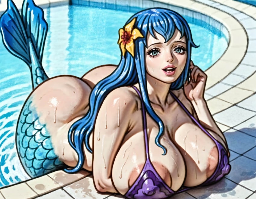 1girls ai_generated bare_ass blue_eyes blue_hair blue_tail erect_nipples_under_clothes huge_ass huge_breasts matronai_(artist) mermaid mero_(one_piece) one_piece pool poolside purple_bikini