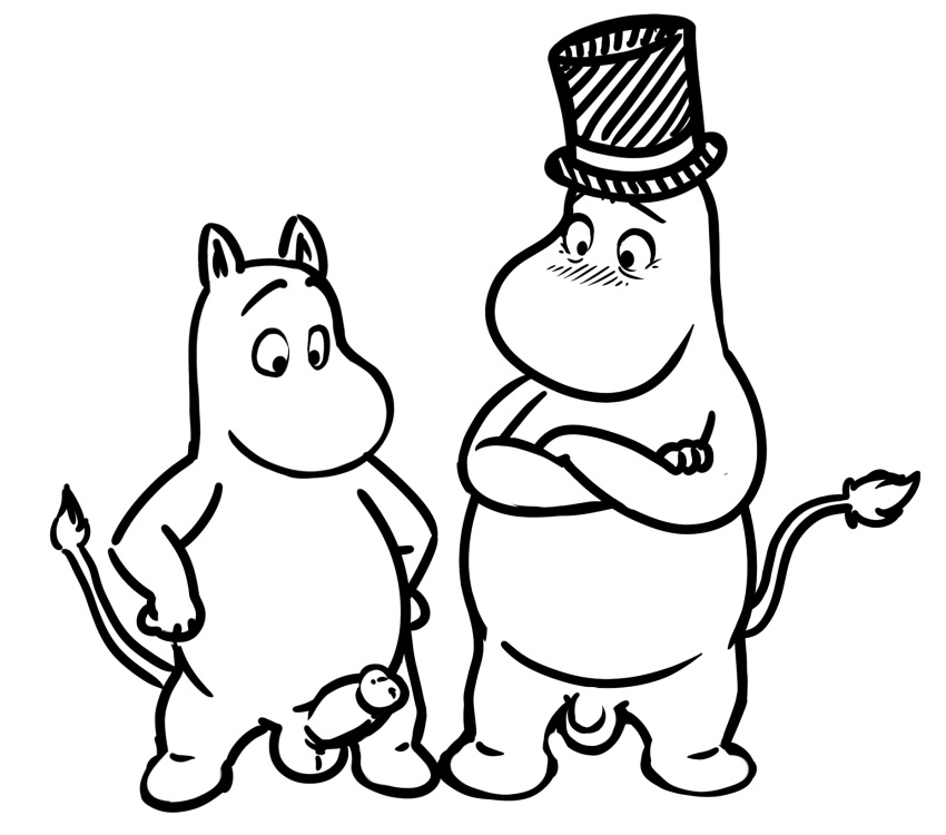 2021 anthro balls belly blush clothing duo erection genitals hat headgear headwear hi_res male male_only moomin moominpappa moomintroll neenya penis simple_background slightly_chubby small_penis the_moomins white_background