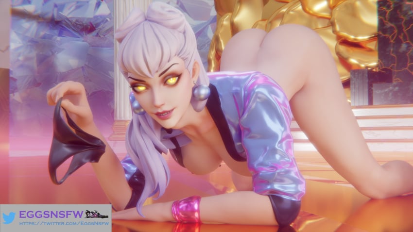 1girls 3d ass bending_over bent_over butt_crack eggsnsfw evelynn glowing_eyes half-dressed k/da_all_out_evelynn k/da_all_out_series league_of_legends looking_at_viewer nude nude_female panties pose riot_games white_hair