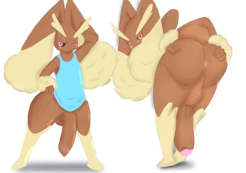 anthro ass balls big_penis blush clothed clothing duo erection femboy flaccid foreskin game_freak generation_4_pokemon genitals hand_behind_head hand_on_hip hi_res huge_cock lagomorph leporid lopunny male male/male mammal nintendo partially_clothed penis perineum pokemon pokemon_(species) presenting presenting_hindquarters rabbit retracted_foreskin shirt solo spread_butt spreading topwear twerpishimp