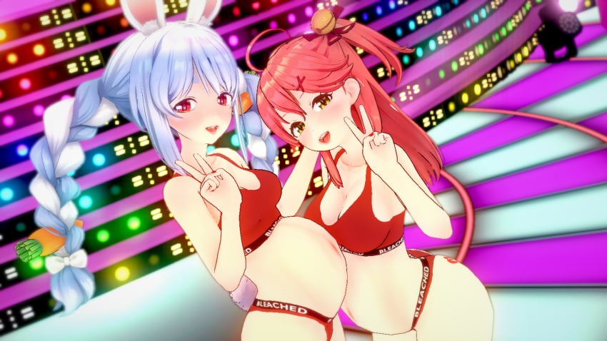 2girls 3d bleached bleached_clothing blue_hair braid braided_twintails breasts brown_eyes bunny_ears bunny_girl cleavage hair_ornament happy hololive hololive_fantasy hololive_gen_0 hololive_japan koikatsu long_hair medium_breasts nail_polish navel pregnant red_eyes red_hair red_nail_polish red_nails sakura_miko smile twintails usada_pekora v virtual_youtuber