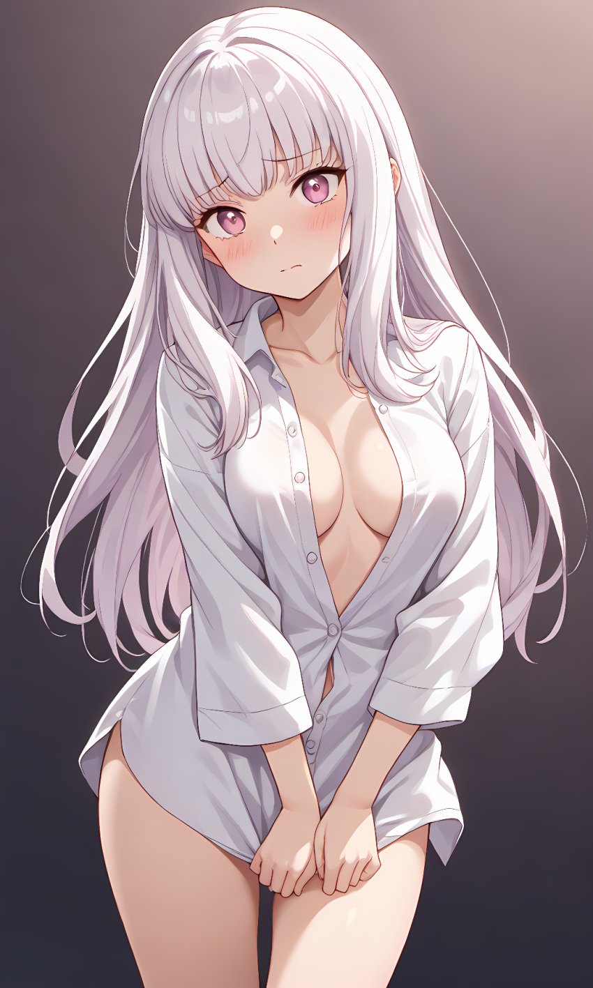 1girls ai_generated bangs bare_legs blush bottomless cleavage collarbone collared_shirt covering cute fire_emblem fire_emblem:_three_houses intelligent_systems kslgsnb long_hair looking_at_viewer lysithea_von_ordelia nintendo oversized_clothes pink_eyes pixai pulling_clothing shirt shy simple_background solo thick_thighs thighs unbuttoned unbuttoned_shirt white_hair white_shirt