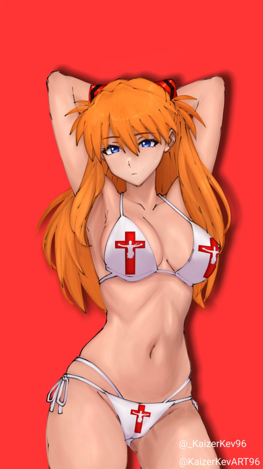 1girls armpits arms_behind_head artist_name asuka_langley_sohryu big_breasts bikini breasts busty cameltoe cleavage cross cross_print female female_only half-closed_eyes highres large_breasts legs long_hair looking_at_viewer navel neon_genesis_evangelion orange_hair pose posing red_cross seductive seductive_look sensual sexy_armpits side-tie_bikini_bottom smile solo swimsuit thighs twintails voluptuous white_bikini