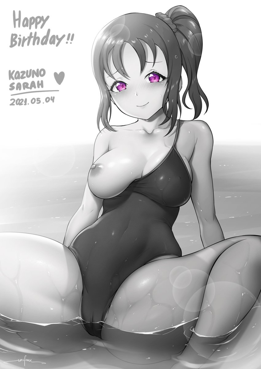 1girls black_and_white kazuno_sarah love_live! love_live!_sunshine!! one-piece_swimsuit solo solo_female spread_legs unsfrau