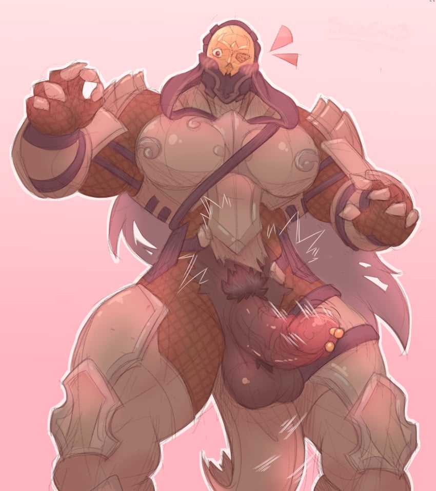 armor bara big_penis paladins penis pubic_hair ripped_clothing ripped_pants soloemi3 soloemi_(artist) testicles vii_(paladins)