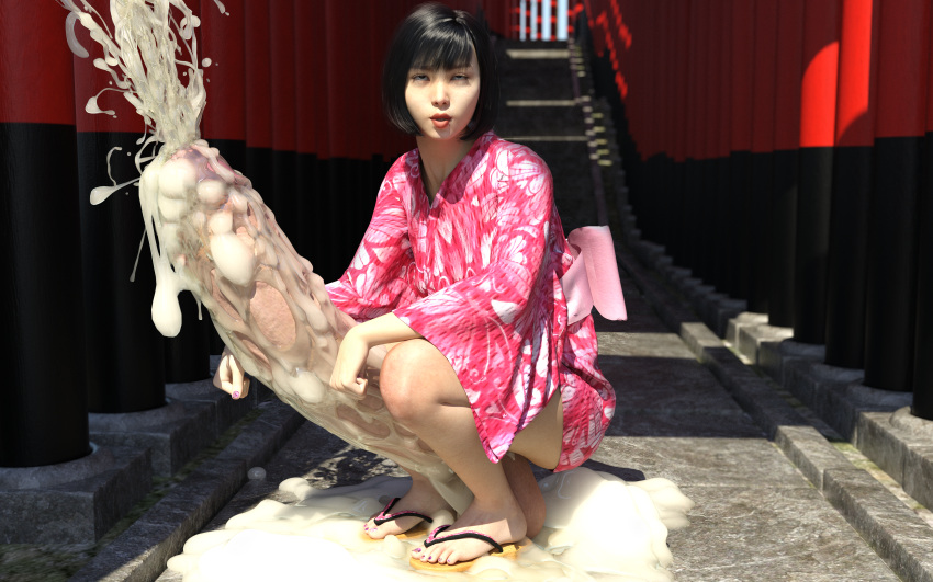 1futa 3d balls black_hair cum ejaculation excessive_cum feet full-package_futanari futanari huge_balls huge_cock intersex kimono large_balls large_penis large_testicles long_penis penis short_hair testicles toes