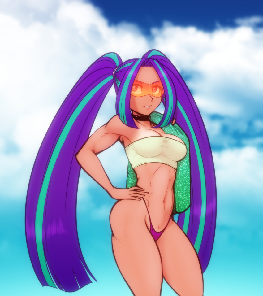 1girls aria_blaze bandeau bandeau_bikini breasts equestria_girls fit_female friendship_is_magic goggles hasbro large_breasts long_hair my_little_pony orange-tinted_eyewear purple_hair scorpdk sunglasses teal_hair thong tinted_eyewear twintails voluptuous