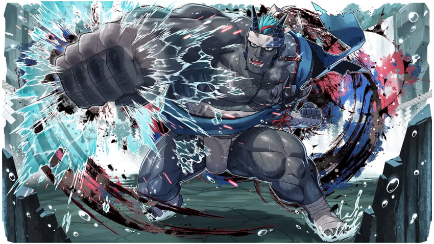 1boy abs another_eidos_of_dragon_vein_r attack balls balls_under_clothes bandaged_foot bandaged_hand bara bare_breasts beefy biceps big_bulge big_hands black_body blue_hair breasts broad_shoulders bubble bulge bulge_through_clothing crouching curved_penis curved_to_the_right_penis daddy dilf edamamego elemental erection erection_under_clothes fist fundoshi gay_male genital_outline habaki_(another_eidos) hachimaki half-erect headband hi_res hunk ink japanese_clothes kimono male male_breasts male_only manly mature_male moobs multicolored_hair muscles muscular muscular_arms muscular_legs muscular_male muscular_neck muscular_thighs oni oni_horns pantsless pecs penis punch quadriceps red_hair revealing_clothes rock rokushaku_fundoshi sarashi see-through shimenawa short_hair six_pack skimpy solo sparks splashing standing sweat sweatdrop sweating sweaty thick thick_arms thick_legs thick_thighs tough_guy translucent_clothing triceps two-tone_hair very_high_resolution very_sweaty water_elemental wet wet_body wet_fundoshi white_border white_fundoshi yaoi yukata