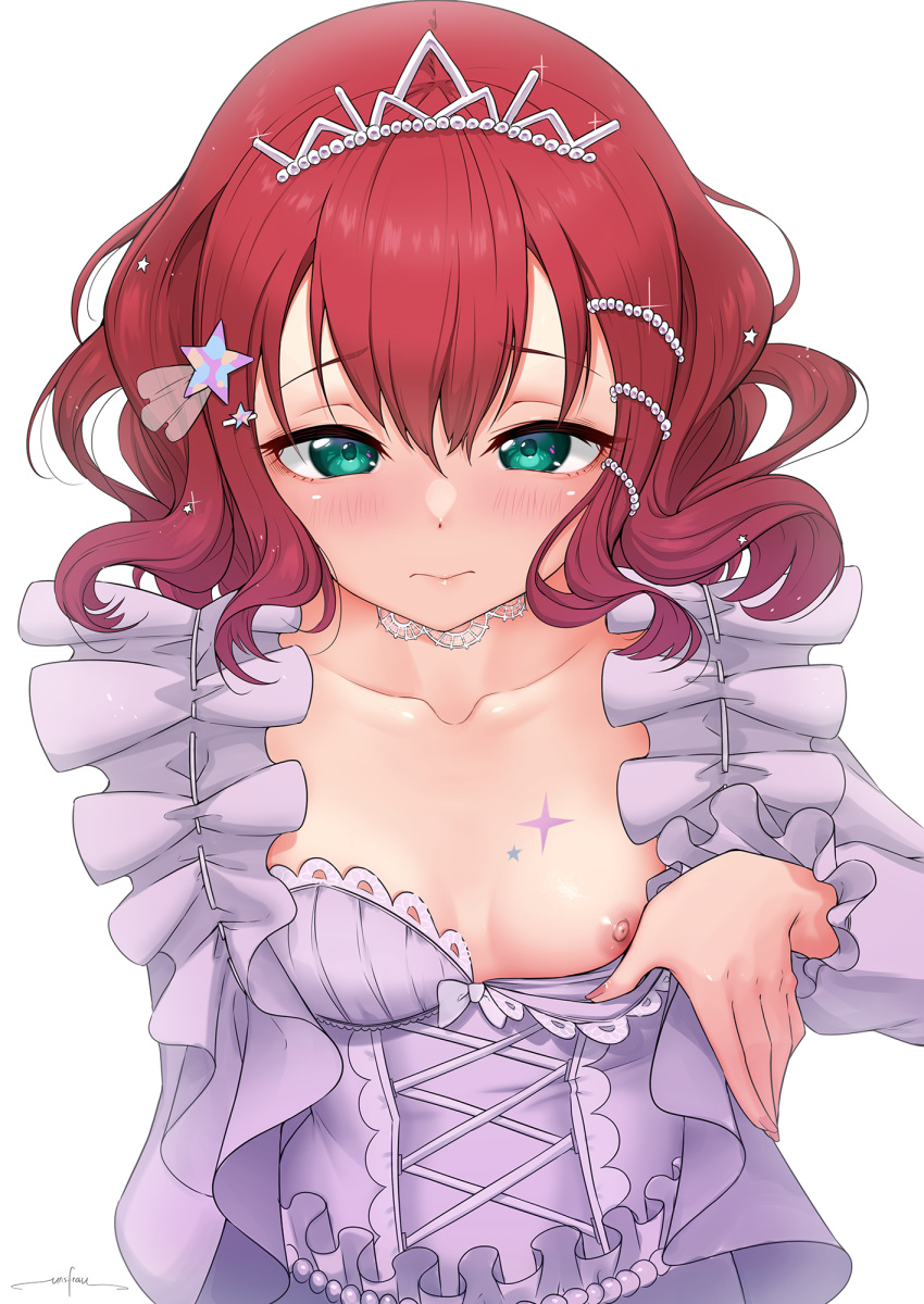 1girls areola areolae artist_name artist_signature bangs blue_eyes blush breasts collarbone cute eye_contact female female_only hair_between_eyes hairclip hi_res high_resolution highres jewelry kurosawa_ruby light-skinned_female light_skin looking_at_viewer love_live! love_live!_sunshine!! nipples no_bra pale-skinned_female pale_skin plain_background red_hair redhead signature simple_background small_breasts solo solo_female tiara unsfrau white_background wide_eyed