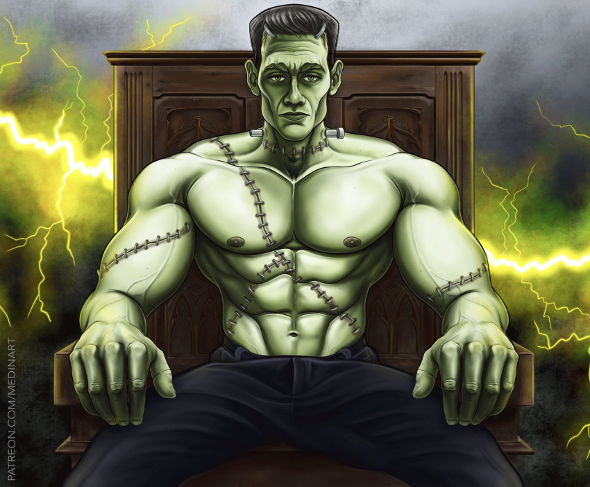 frankenstein's_monster green_skin halloween literature looking_at_viewer male male_only medinart_(david_medina) monster muscles muscular muscular_male public_domain scars shirtless_male sitting undead