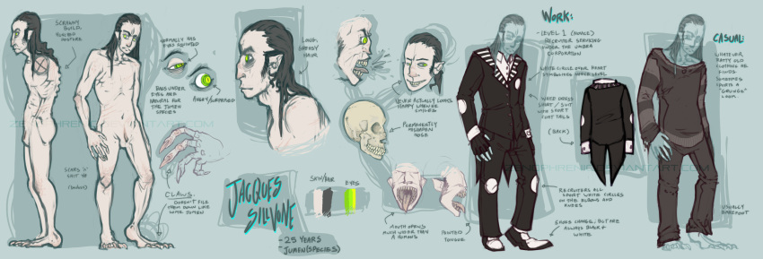 animal_genitalia barefoot black_clothing black_hair blue_background casual_nudity claws clothing english_text feet fully_sheathed genitals green_eyes hair hi_res humanoid_pointy_ears jacques_sillvone long_hair long_tongue looking_aside male messy_hair model_sheet not_furry sharp_teeth sheath simple_background solo suit teeth text toe_claws tongue zenophelion