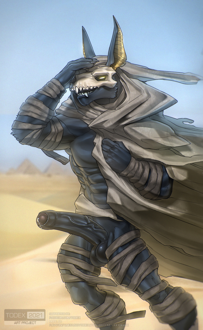2022 abs anthro anubian_jackal anubis big_penis black_body bodily_fluids bone canid canine canis dark_anubis deity digital_media_(artwork) egyptian_mythology fangs foreskin genital_fluids genitals hi_res jackal male mammal middle_eastern_mythology muscular muscular_anthro muscular_male mythology penis precum skull solo todex uncircumcised wrappings