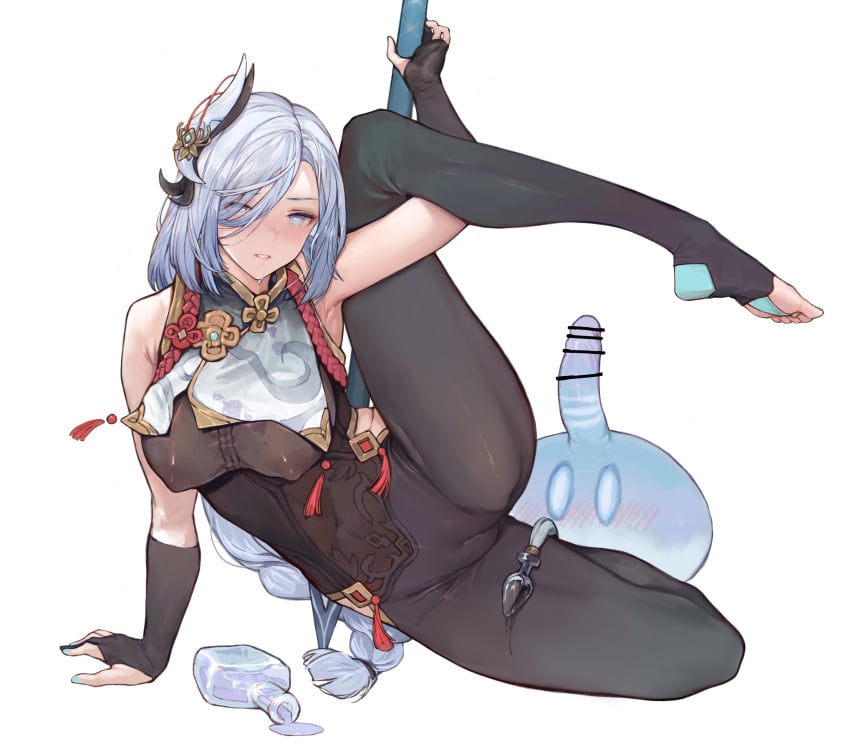 absurdres alcohol aqua_nails arm_support arm_up bar_censor bare_shoulders black_bodysuit black_gloves blue_eyes blush bodysuit bottle braid braided_ponytail breasts bridal_legwear censored clothing_cutout covered_navel covered_nipples dildo female flexible full_body genshin_impact gloves hair_ornament hair_over_one_eye highres hip_vent holding holding_weapon iuui large_breasts long_hair monster no_shoes parted_lips partially_fingerless_gloves penis plantar_flexion polearm rope see-through sex_toy shenhe_(genshin_impact) silver_hair simple_background skindentation sleeveless slime slime_(creature) slime_(genshin_impact) slime_monster solo spilling spread_legs sweat tassel very_long_hair weapon white_background