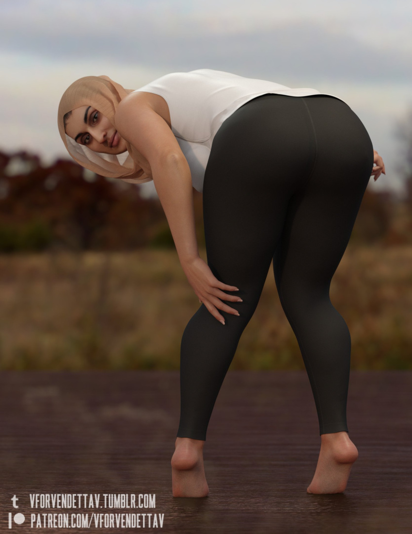 1girls 3d arab_female arabian bent_over big_ass black_clothing black_legwear fat_ass fatima_(vforvendettav) female female_focus female_only hands_on_head headwear hijab hijabista jeans leggings muslim no_shoes original_character posing presenting_hindquarters solo spankable thick_thighs vforvendettav white_shirt