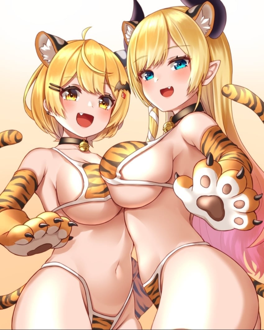 2girls :d ako_suke bikini blonde_hair blue_eyes bra breasts cute_fang duo duo_focus elbow_gloves female hololive hololive_gen_1 hololive_gen_2 hololive_japan multiple_girls panties paw_gloves paws succubus swimsuit tiger_ears tiger_print virtual_youtuber yellow_eyes yozora_mel yuri yuzuki_choco