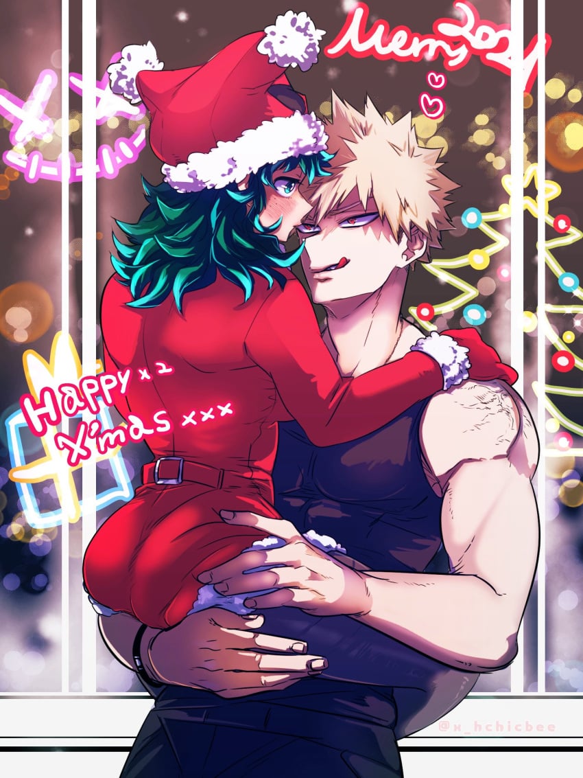 1girls carrying carrying_partner christmas christmas_outfit clothed costume deku face_to_face female female_deku genderswap_(mtf) green_eyes green_hair hand_on_ass heart holding_partner izuku_midoriya katsuki_bakugou legs_around_partner legs_around_waist licking_lips male muscular muscular_male my_hero_academia red_eyes rule_63 santa_costume santa_girl size_difference spiky_hair tank_top tight_clothing x_hchicbee