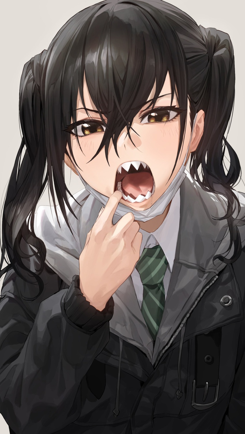 >:o :o black_hair brown_eyes coat collared_shirt face face_mask female finger_in_mouth green_neckwear hair_between_eyes high_resolution hood hood_down hooded_coat idolmaster idolmaster_cinderella_girls long_sleeves looking_at_viewer mask mask_pull mossi mouth_pull necktie open_mouth school_uniform sharp_teeth shirt solo striped striped_neckwear sunazuka_akira surgical_mask teeth tied_hair twintails upper_body v-shaped_eyebrows very_high_resolution white_shirt wing_collar