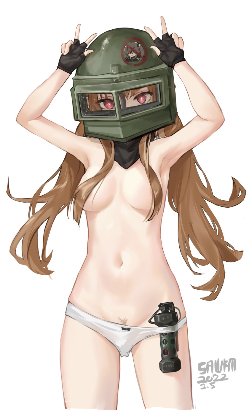 absurdres areolae bangs black_bow black_gloves black_scarf bow bow_panties brown_hair cameo covered_mouth double_w female female female_pubic_hair fingerless_gloves girls'_frontline gloves hair_censor hair_over_breasts hands_up helmet highres long_hair looking_at_viewer navel no_entry_sign no_pants panties pubic_hair red_eyes road_sign sawkm scarf sidelocks sign simple_background solo sticker topless twintails ump9_(girls'_frontline) underwear underwear_only w white_background white_panties