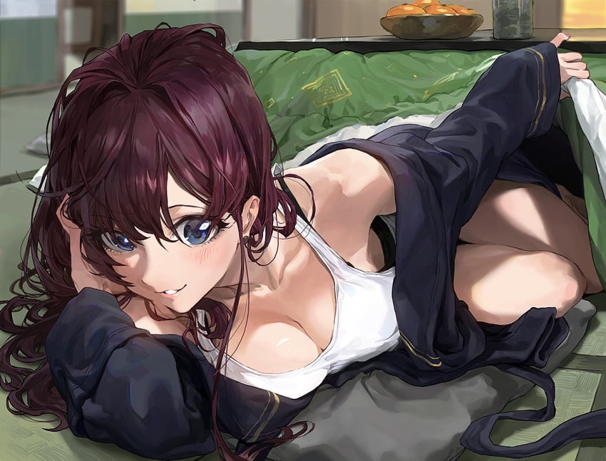 :3 bare_shoulders blue_eyes blurry blurry_background blush breasts cleavage earrings eyebrows_visible_through_hair female food fruit hand_in_hair ichinose_shiki idolmaster idolmaster_cinderella_girls indoors jewelry kotatsu kotatsu_invitation long_hair long_sleeves looking_at_viewer lying mandarin_orange medium_breasts mossi nail_polish off_shoulder on_side parted_lips pillow purple_hair red_nails shirt sleeveless sleeveless_shirt solo table under_kotatsu under_the_table wavy_hair white_shirt