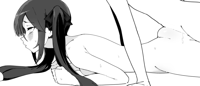 1boy absurdres blush completely_nude deep_penetration female from_side genshin_impact greyscale highres long_hair mona_(genshin_impact) monochrome nude parted_lips profile prone_bone putama rolling_eyes sex_from_behind simple_background straight torogao twintails white_background