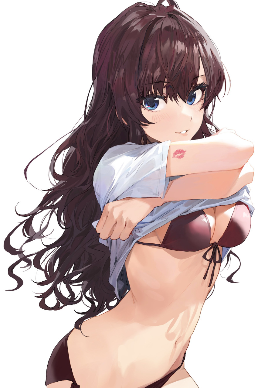 :3 ahoge bangs bikini blue_eyes blush breasts brown_bikini brown_hair cleavage female hair_between_eyes high_resolution ichinose_shiki idolmaster idolmaster_cinderella_girls lifted_by_self lipstick_mark long_hair looking_at_viewer medium_breasts mossi navel parted_lips revision shirt shirt_lift short_sleeves simple_background smile solo string_bikini swimsuit t-shirt very_high_resolution wavy_hair white_background