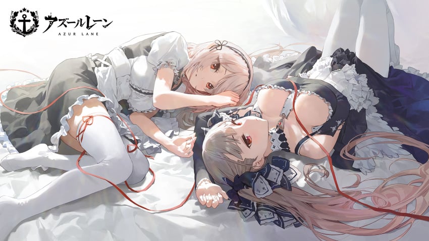 16:9_aspect_ratio 2girls azur_lane bangs bare_shoulders between_breasts black_dress breasts brown_hair cleavage clothes_pull clothing copyright_name dress duo earrings eyebrows_visible_through_hair female formidable_(azur_lane) frilled_dress frills gothic_lolita grey_hair hair_between_eyes hair_ornament hair_ribbon high_resolution japanese_language japanese_text jewelry large_breasts legwear lolita_fashion long_hair looking_at_viewer lying maid maid_dress mossi multiple_girls no_bra official_art on_back on_side open_mouth parted_lips puffy_short_sleeves puffy_sleeves red_eyes red_ribbon red_thread ribbon ribbon-trimmed_legwear ribbon_trim short_hair short_sleeves sirius_(azur_lane) skirt skirt_lift skirt_pull string text thighhighs thighs tied_hair twintails twitter two-tone_dress two-tone_ribbon very_long_hair white_hair white_legwear white_thighhighs zettai_ryouiki