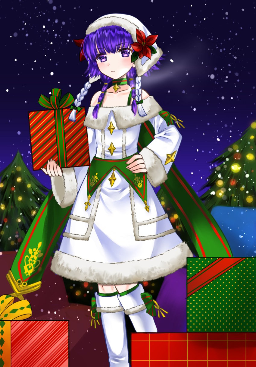 1girls 74 7774 alternate_costume bangs bare_shoulders blush boots box braid breasts christmas christmas_outfit christmas_tree collarbone dress female_only fire_emblem fire_emblem:_the_sacred_stones fire_emblem_heroes flower fur_trim gift gift_box green_legwear hand_on_hip hat heavy_breathing highres holding holding_box holding_gift knee_boots long_sleeves looking_at_viewer lute_(fire_emblem) lute_(winter)_(fire_emblem) night night_sky nintendo official_alternate_costume outdoors purple_eyes purple_hair short_hair sky small_breasts solo star_(sky) starry_sky tree twin_braids twintails white_dress white_footwear