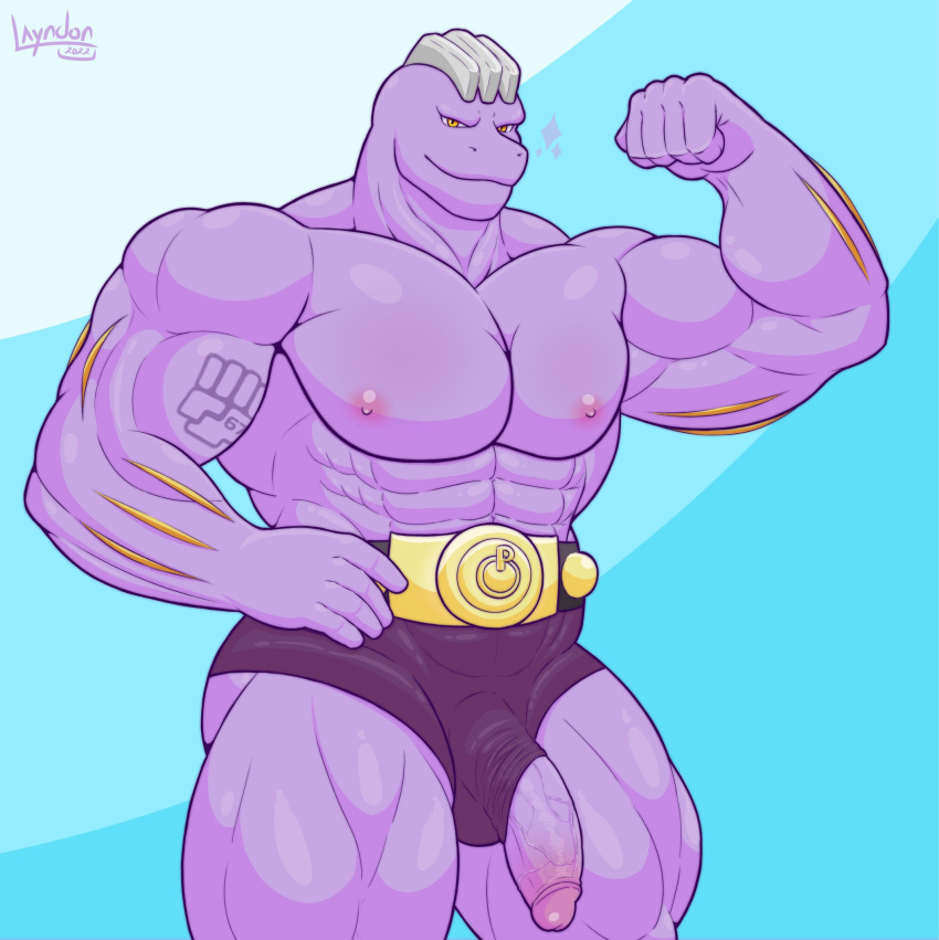 2022 abs anthro bara barazoku belt biceps big_muscles big_penis blue_background bulge championship_belt circumcised clothing flaccid flexing genitals hi_res huge_muscles humanoid_genitalia humanoid_penis layndon machoke male male_only muscular muscular_anthro muscular_male narrowed_eyes nintendo nipples obliques pecs penis pokémon_(species) pokemon pokemon_(species) poking_out signature simple_background smile solo solo_male speedo standing swimwear tattoo thick_thighs video_games