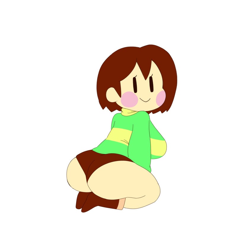 ass big_ass blush blush_stickers breasts brown_hair chara chara_(mochikirb_style) clothed clothing female kneeling looking_back mob_face mochikirb presenting_hindquarters short_hair sitting smile solo undertale undertale_(series)