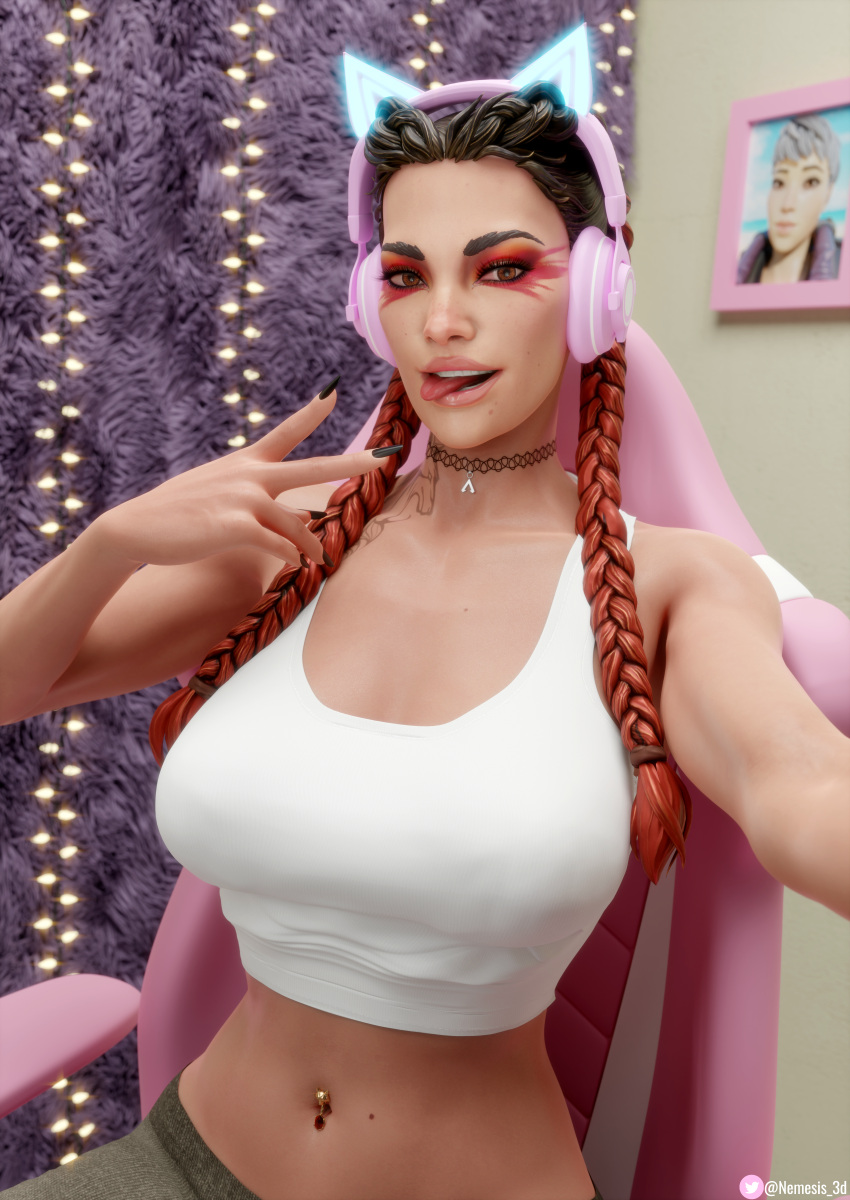 1girls 3d apex_legends big_breasts black_nail_polish black_nails braid braided_hair breasts cat_ears_headphones choker dark-skinned_female female female_only gamer_chair gamer_girl headphones headset loba_(apex_legends) nail_polish navel_piercing nemesis_3d selfie tongue_out