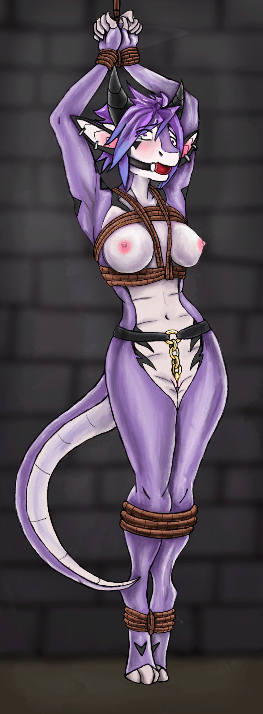 absurd_res animated anthro bondage bound breasts dragon female furry furry_only gag gif hi_res horn humanoid mihyil sex_toy slideshow solo tongue vibrator