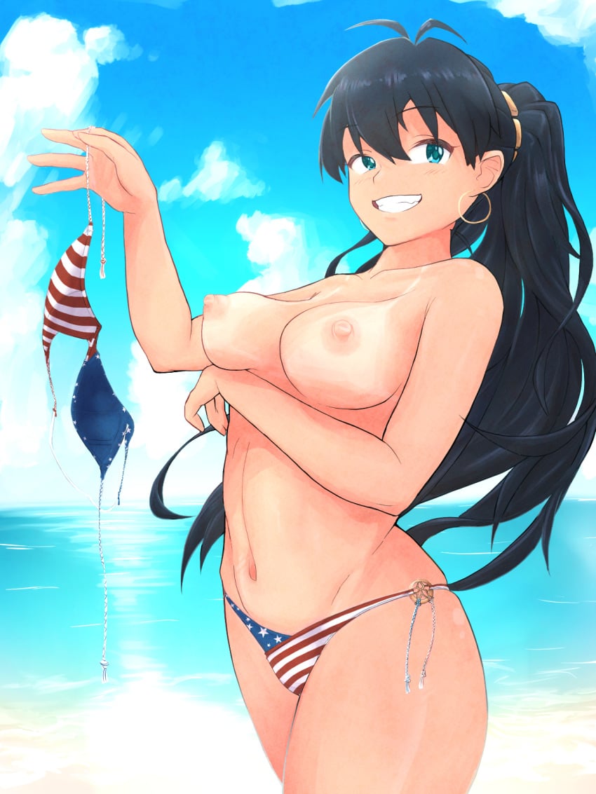 1girls bikini blush earrings ganaha_hibiki grin hibiki_ganaha hoop_earrings idolmaster idolmaster_(classic) long_hair mine_yamato ponytail solo tanline tanlines tanned the_idolm@ster topless