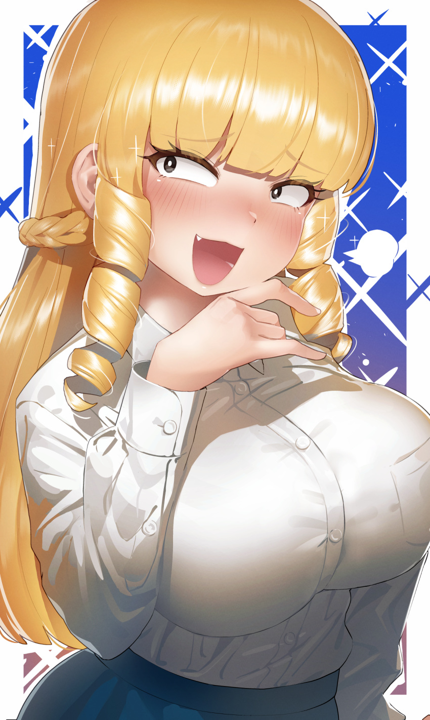 1girls bangs big_breasts black_eyes blonde_hair blunt_bangs blush breasts collared_shirt cute_fang drill_hair eyebrows_visible_through_hair fang female female_only kaneda_mochiko large_breasts laughing light-skinned_female light_skin long_hair long_sleeves monosenbei mount_celeb_kaneda-san oerba_yun_fang ojou-sama_pose open_mouth ringlets shirt sidelocks skirt smile smiling solo solo_female sparkle sparkles tagme white_shirt