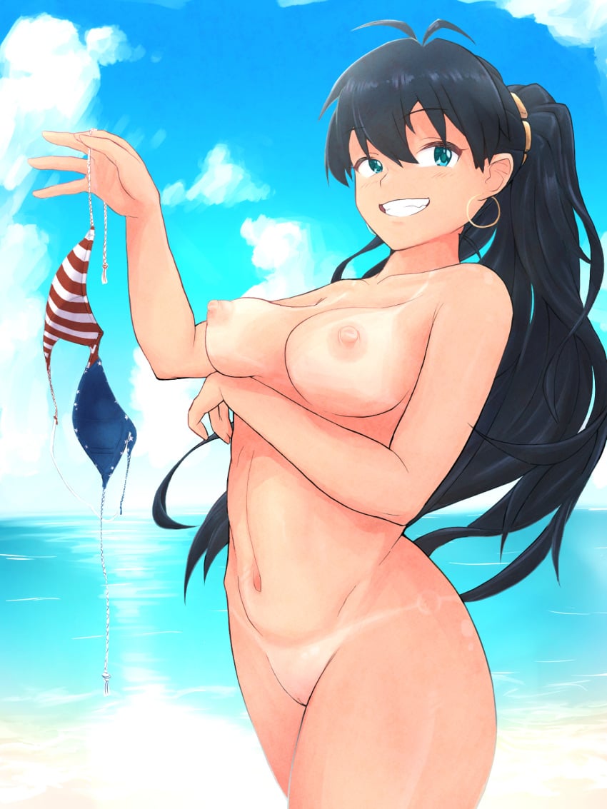 1girls bikini blush earrings ganaha_hibiki grin hibiki_ganaha hoop_earrings idolmaster idolmaster_(classic) long_hair mine_yamato nude ponytail solo tanline tanlines tanned the_idolm@ster