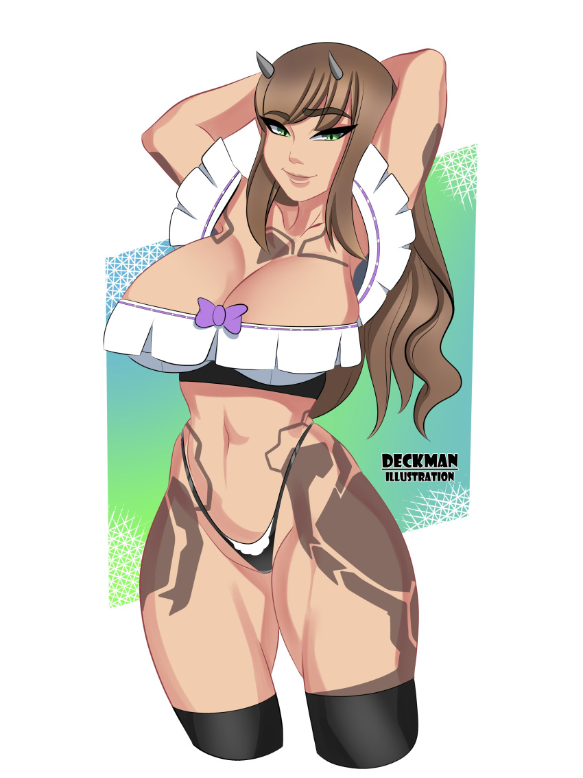 1girls breasts brown_hair cleavage commission crop_top deckman female female_only green_eyes hands_behind_head horns large_breasts long_hair looking_at_viewer mrdeck navel panties seductive_look seductive_smile skimpy smile solo tattoo thick_thighs thighhighs thong