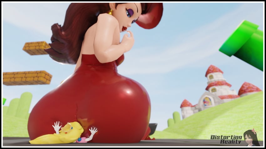 2girls 3d ass ass_expansion ass_grab big_ass blender blonde_hair blue_eyes brown_hair butt_crush cocky distortingreality dress earrings facesitting female female_only giantess lipstick macro mario_(series) pauline princess princess_peach shrinking shrunken_woman super_mario_odyssey yuri