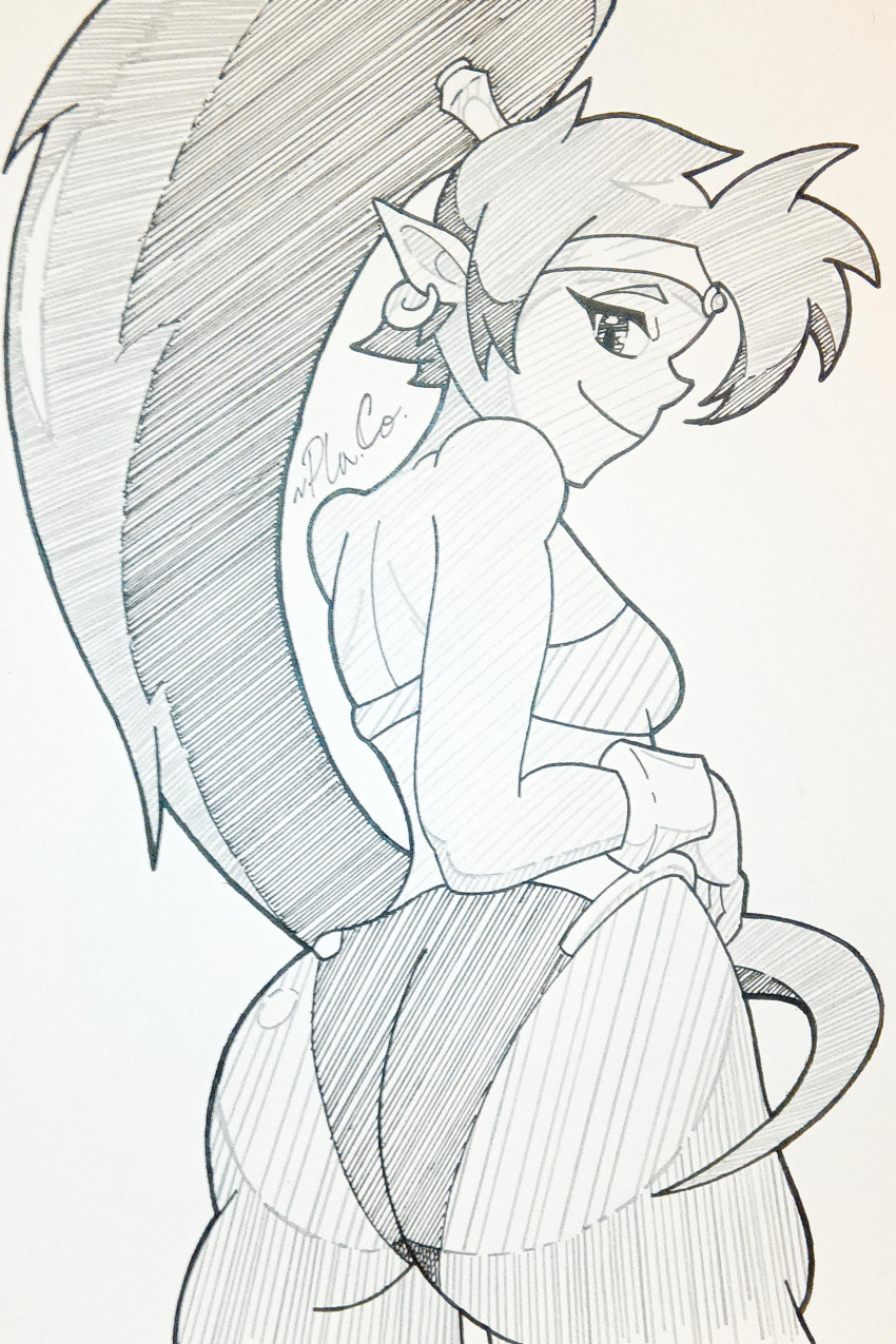 1girls ass female female_only monochrome plasticcollector presenting_ass shantae shantae_(character) showing_ass sketch smooth_skin solo very_long_hair wayforward