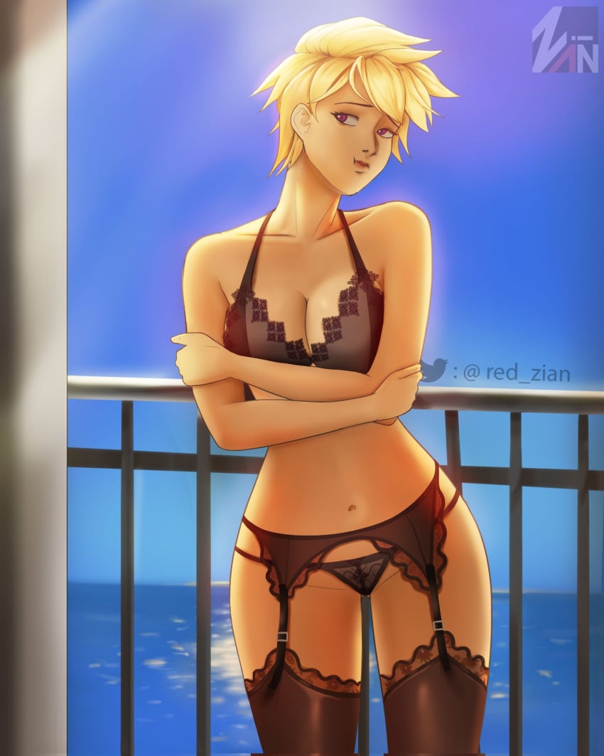 big black_bra black_lingerie black_thighhighs blonde_hair crossed_arms girl kimmy_(mobile_legends) lingerie medium_breasts mobile_legends mobile_legends:_bang_bang red_zian sea shore short_hair thick_hips thick_thighs thighhighs tomboy