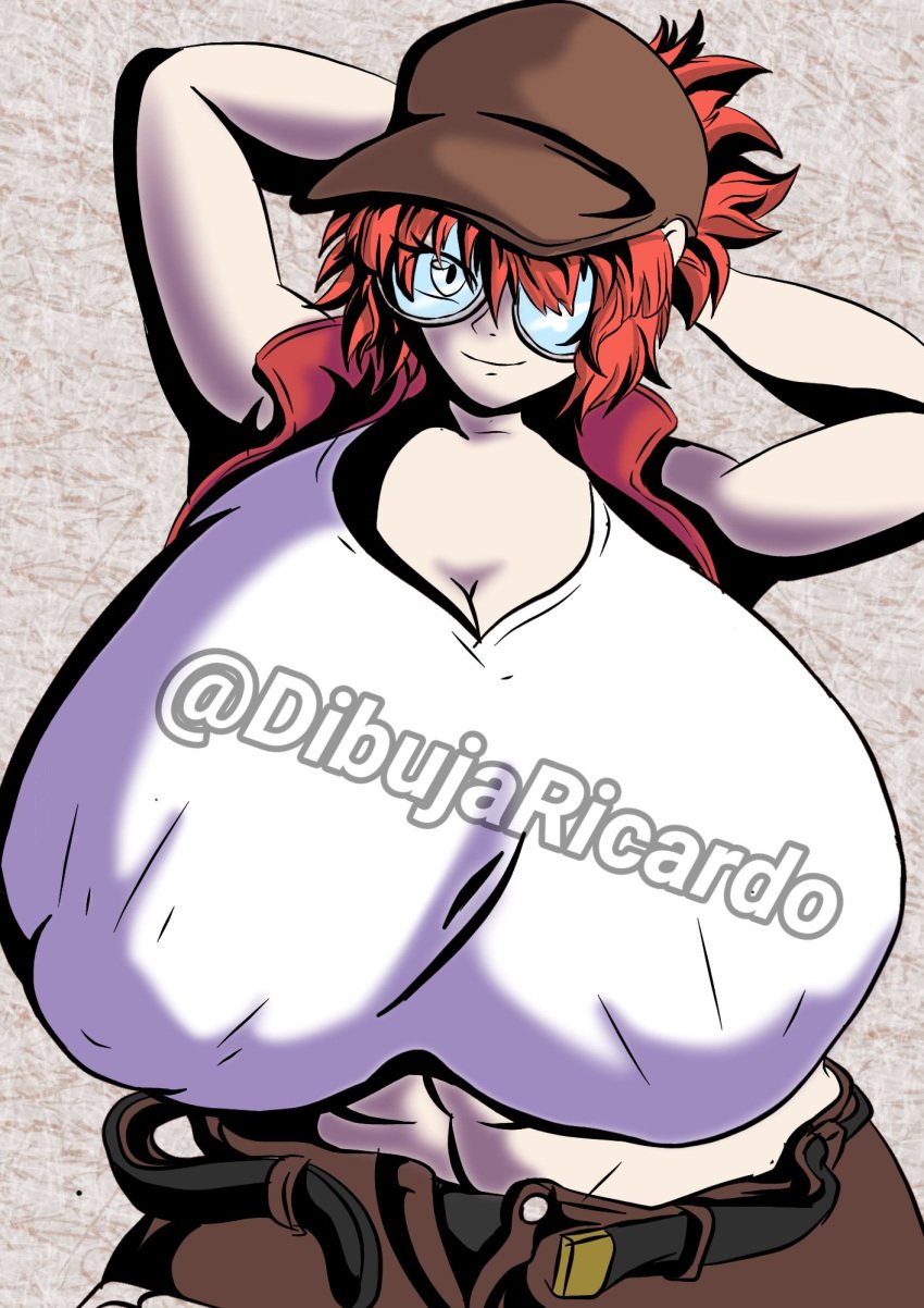 1girls 2021 abs armpits big_breasts dibujaricardo fio_germi glasses hair_over_one_eye hands_behind_head hat hat_over_one_eye hi_res huge_breasts huge_nipples medium_hair metal_slug military red_eyes red_hair seductive simple_background snk watermark