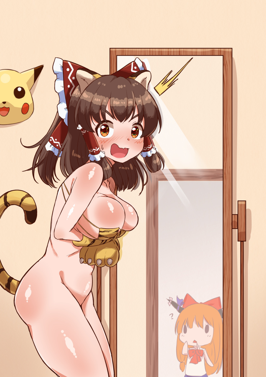 2girls ? absurdres alternate_breast_size animal_ears animal_hands animal_print bangs bikini body_blush bottomless bow bowtie breasts brown_eyes brown_hair caught chinese_zodiac commentary cookie_(touhou) cowboy_shot eyepatch_bikini fake_animal_ears fake_tail female frilled_hair_tubes frills gloves hair_tubes hairbow highres horns kanna_(cookie) large_breasts long_hair looking_at_viewer looking_to_the_side mask mirror multiple_girls nintendo open_mouth orange_hair paw_gloves pikachu pokemon print_bikini red_bow red_bowtie reimu_hakurei shirt suika_ibuki swimsuit tail tiger_ears tiger_print tiger_tail touhou tsugumi_amon white_shirt yamin_(cookie) year_of_the_tiger